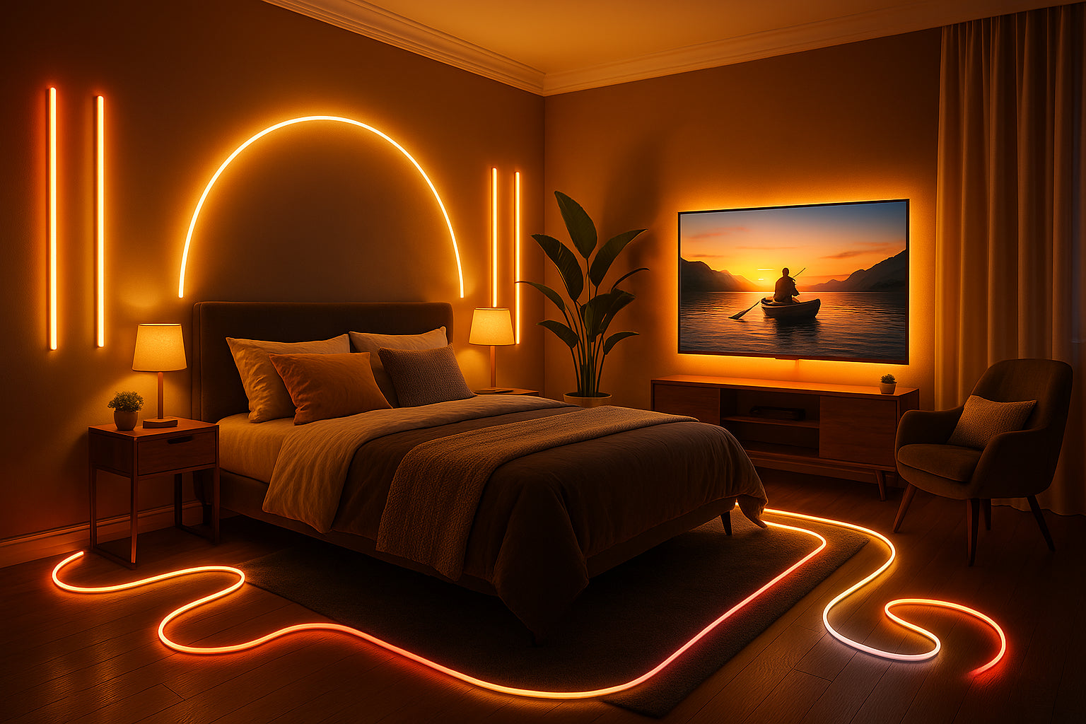 Mooie sfeervolle slaapkamer met warme sfeer