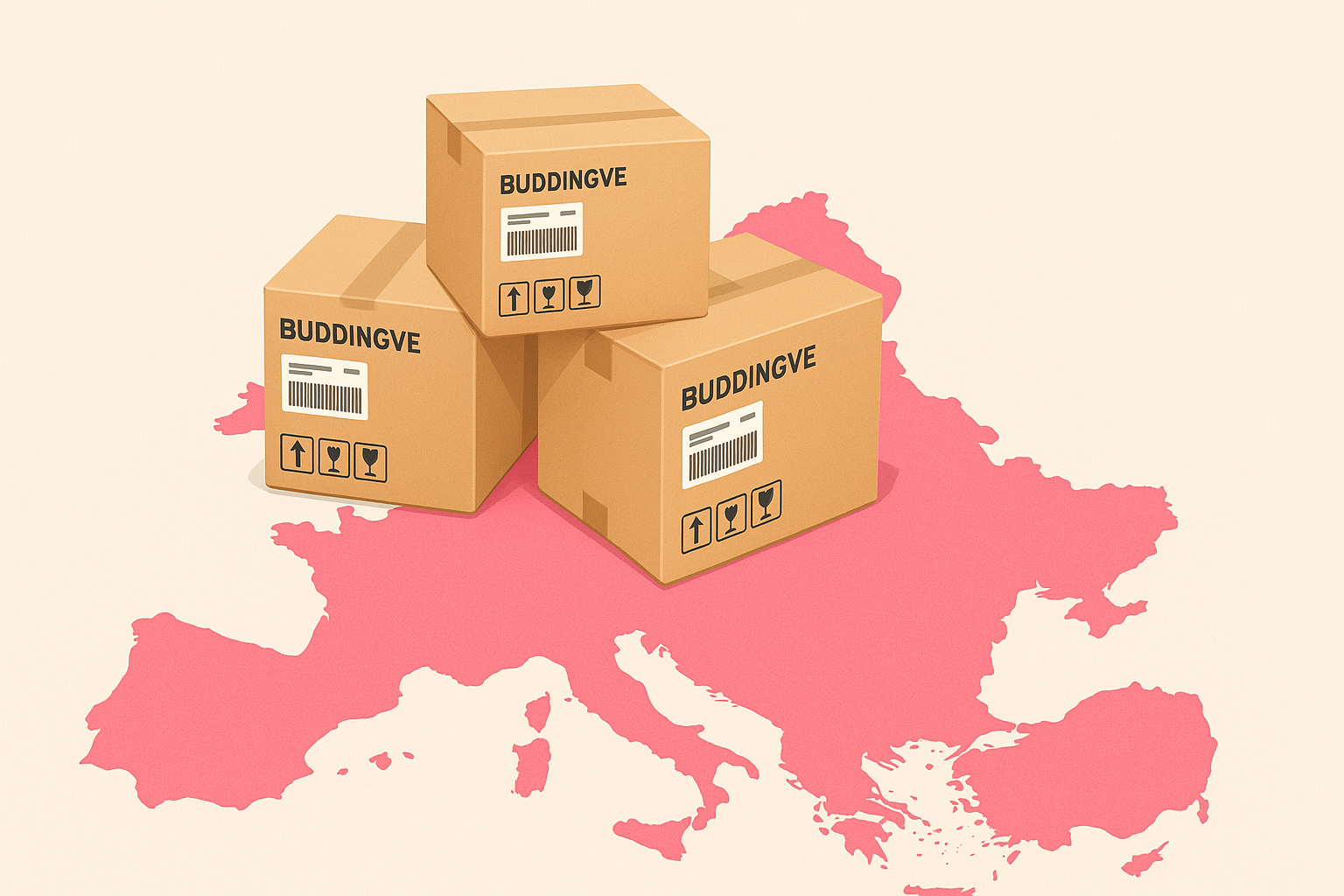 Shipping boxes on a Europe map symbolizing free delivery across the EU.