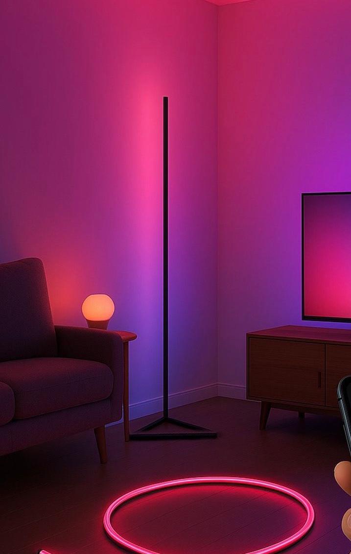 Smart LED corner floor lamp with colorful lighting for living room or gaming setup.